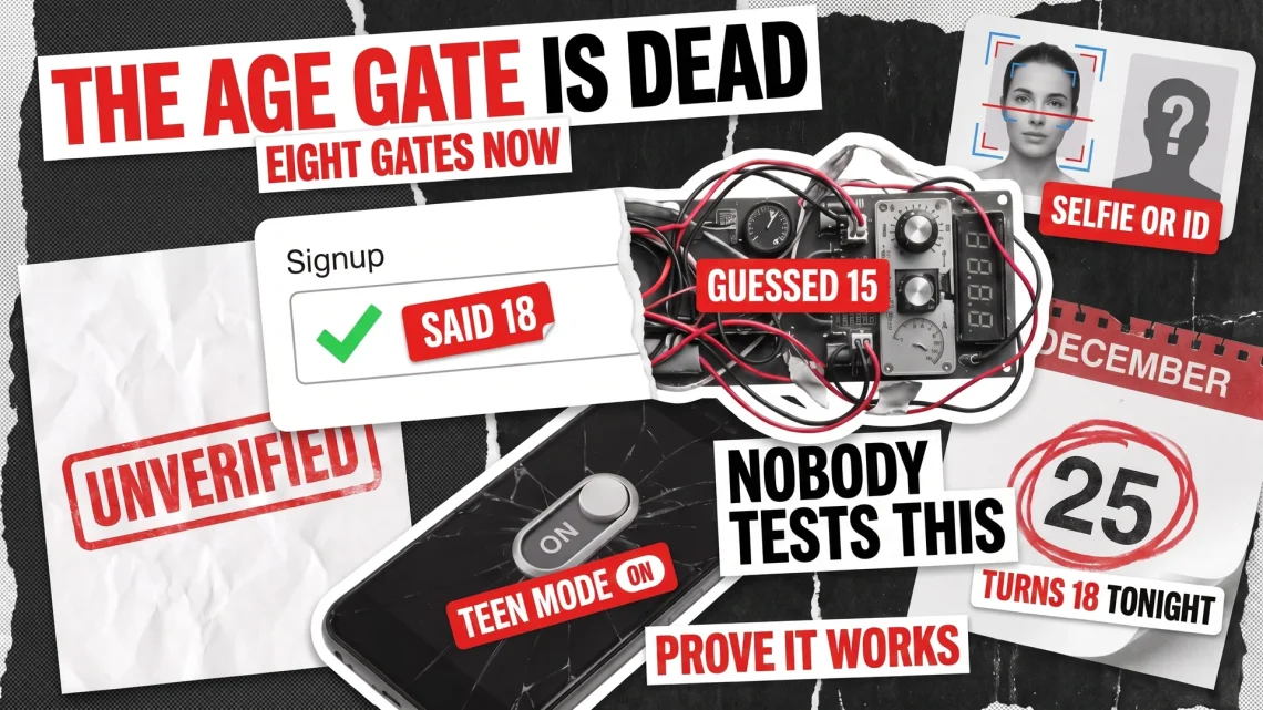 QAwerk blog cover for the article on age verification testing, a torn signup birthday field beside a tangle of wires guessing a user age