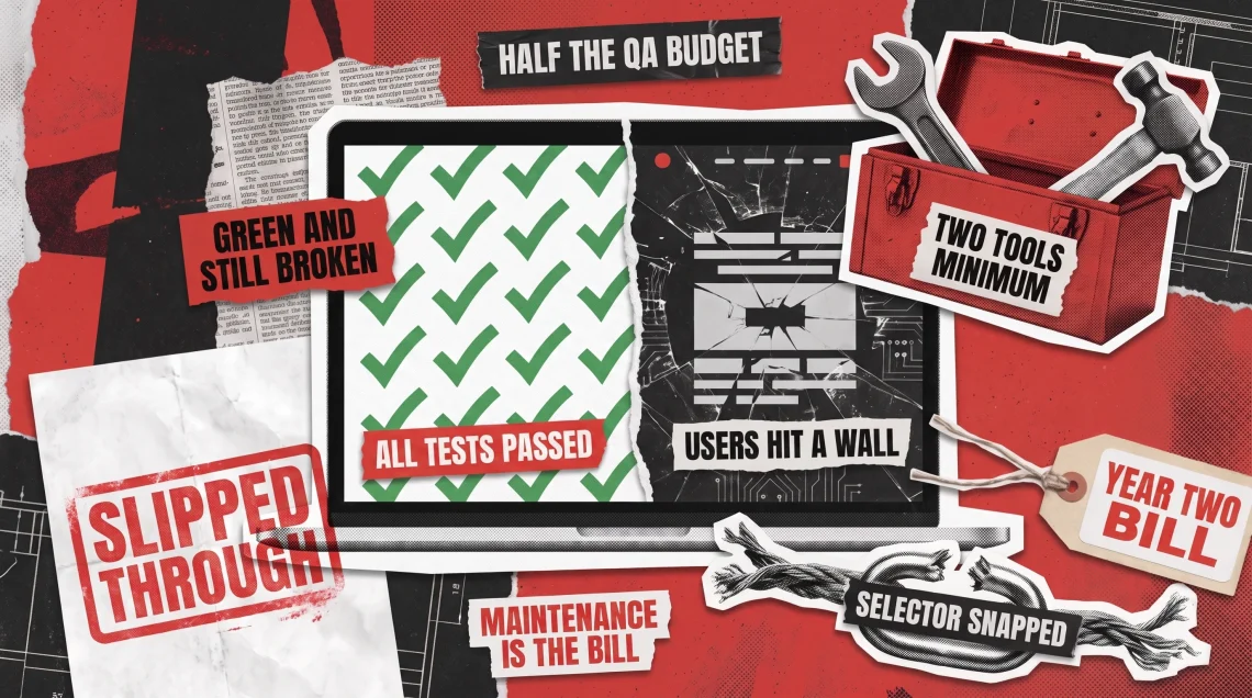 Regression testing tools in 2026: a green passing test suite beside a broken product layout