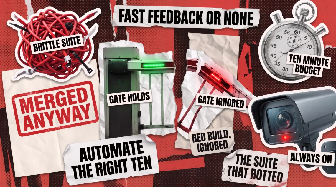Editorial collage of a split barrier gate, a tangled ball of red cables, a stopwatch and a security camera