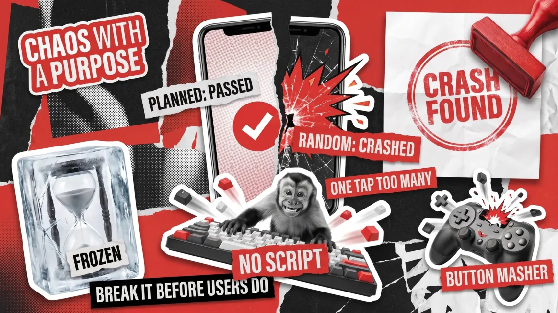 Collage of a monkey mashing a keyboard beside a split smartphone, one half passing and one half shattered