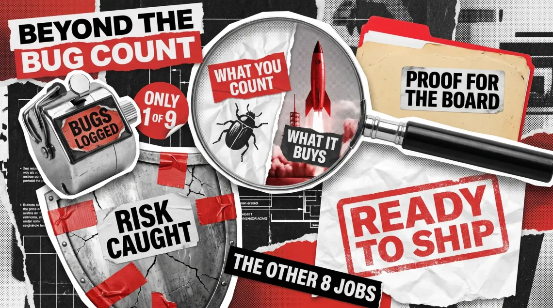 Editorial collage: a magnifying glass showing a bug on one side and a rocket launch on the other, with a tally counter, taped shield, folder, and a Ready to Ship stamp