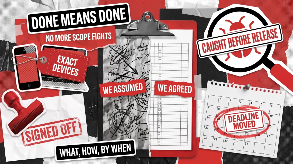 What is a test plan: poster collage cover with a torn clipboard showing WE ASSUMED vs WE AGREED