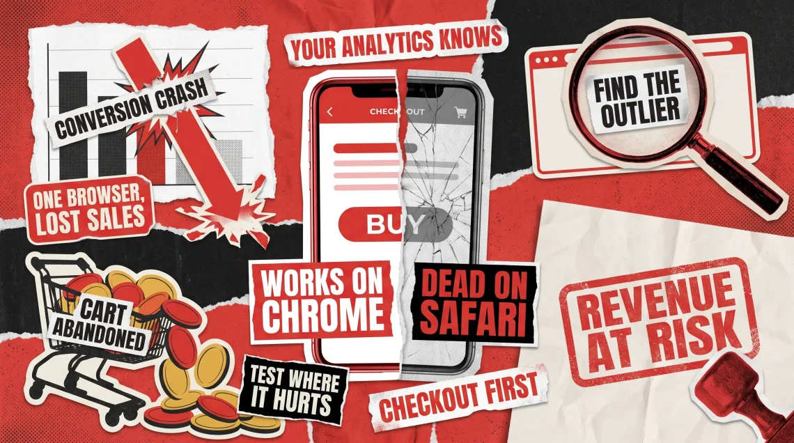 Collage of a smartphone checkout torn in half, working on one browser and broken on another, with a falling conversion chart and a revenue at risk stamp
