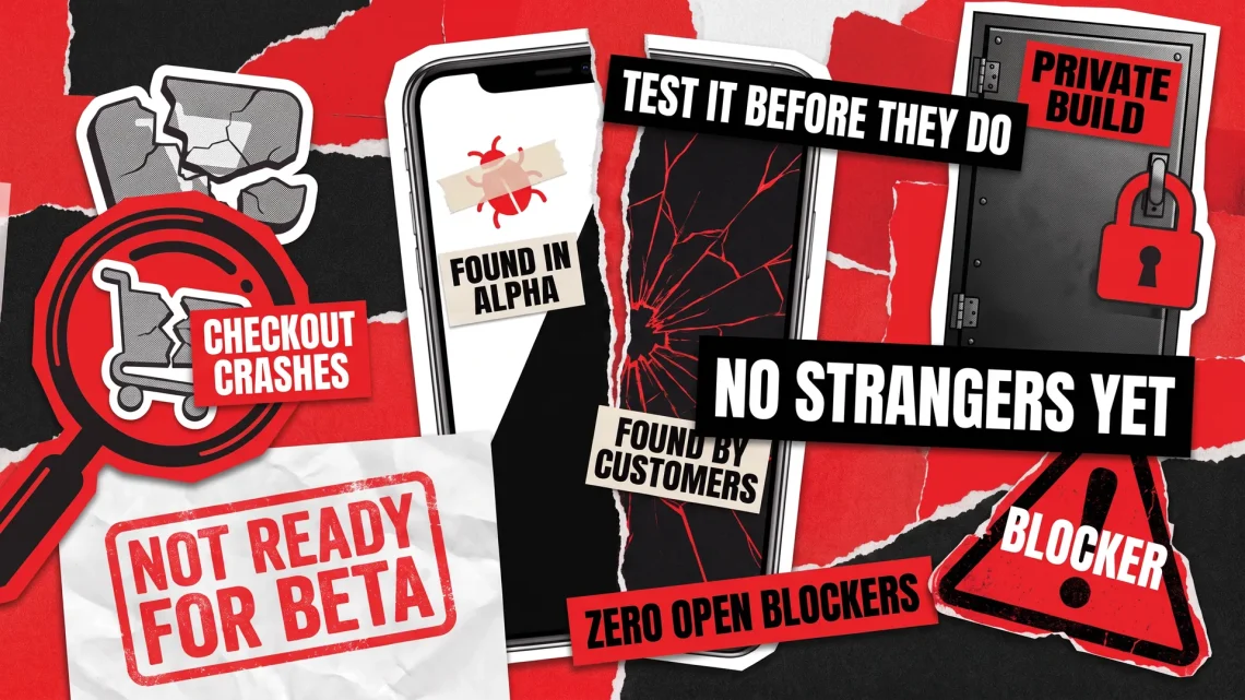 Collage of a torn smartphone with bugs found in alpha versus bugs found by customers