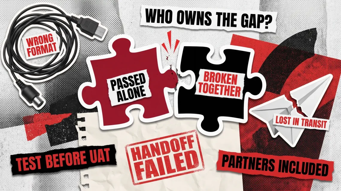 Collage cover: two mismatched puzzle pieces labelled Passed Alone and Broken Together, with a Handoff Failed stamp