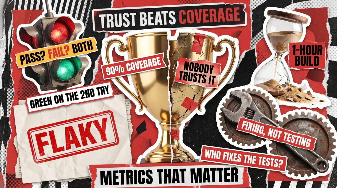Collage of a gold trophy split in half, one side polished and labelled 90% coverage, the other cracked and taped, surrounded by a traffic light, a FLAKY stamp, an hourglass and a wrench in gears