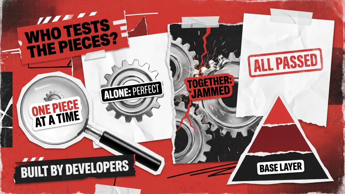 Unit testing blog cover: a single gear marked alone perfect next to jammed gears marked together jammed